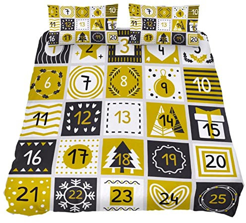 Godsous 3-teiliges Polyester-Bettbezug-Set, 100 % natürlicher Stoff, Weihnachts-Adventskalender, gelbes Karomuster, moderner Stil mit Reißverschluss