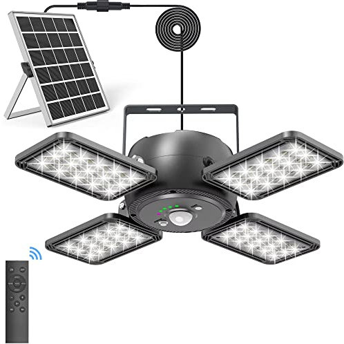 Lampe solaire pour abri de jardin, intérieur et extérieur, 1200 lm, 144 LED, détecteur de mouvement avec mise à niveau 5 modes d'éclairage et télécommande, 4 feuilles réglables à 120 ° pour maison,