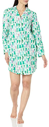 Amazon Essentials Chemise de Nuit à col cranté en Flanelle tissée (Grandes Tailles Disponibles) Femme, Écru Sapin de Noël, L