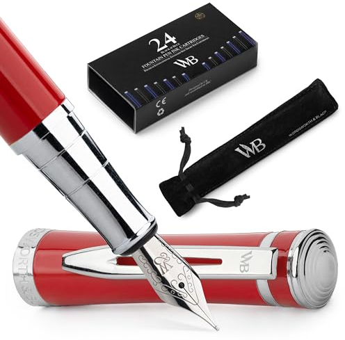 Wordsworth & Black Füllfederhalter-Set, mittlere Feder, inklusive 24 Tintenpatronen, Tintennachfüllkonverter und Geschenkbeutel, Chrom-Finish, Kalligrafie, [Crimson Red], perfekt für Männer und Frauen