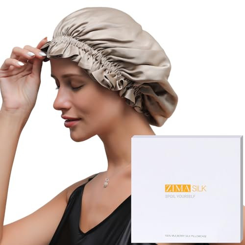 ZIMASILK 100% Mulberry Silk Bonnet for Women Hair Care, Double-Layer Silk Shower Cap, Natural Silk Hair Wrap for Sleeping with Elastic Stay On Head (1Pc, Taupe)