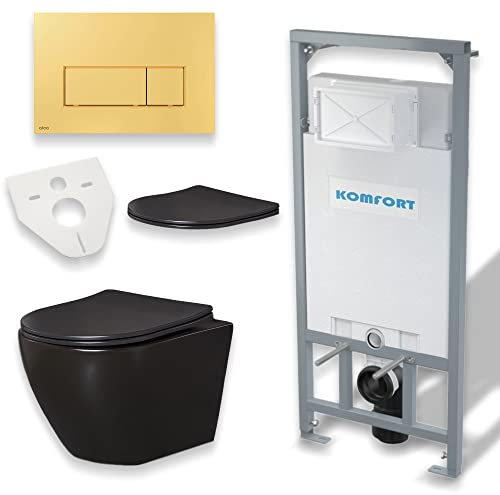 BADLAND WC Set: Vorwandelement C201 + Wand Tiefspül WC Delos Schwarz + Betätigungsplatte Gold M575 + Slim WC-Sitz mit Soft-close + Schallschutzmatte