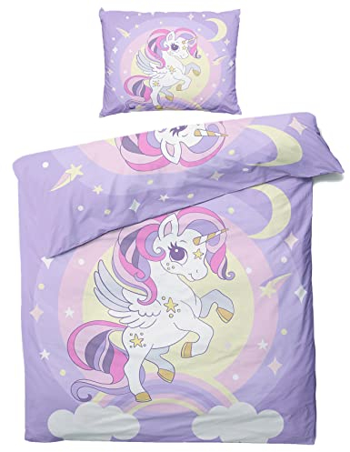 ZDABAOEC Lila Einhorn Kinderbettwäsche 100x135 Mädchen, Mond Sterne Regenbogen Kinder Baby Bettwäsche 2er Set - 100% Microfaser Bettbezug + 1 Kissenbezug 40x60, mit Reißverschluss, Wende Motiv