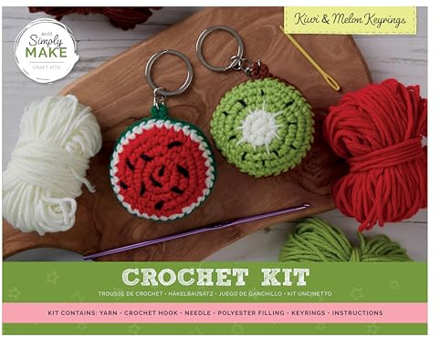 Simply Make Docrafts Crochet Key Ring Craft Kit Kiwi and Melon Fruit Bright Coloured, Contains All Supplies Needed, Hobby Craft for Adults and Older Children, Great for Bags, Keychain, Decoration