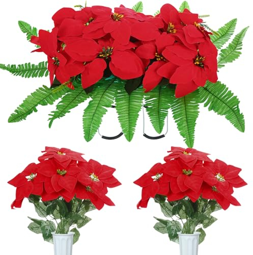 Tigeen 3 Stück Weihnachten Friedhof Blumen für Grab Roter Weihnachtsstern Blumenstrauß mit Vase Künstliche Gedenkblumen Friedhof Sättel Blume Outdoor Grabstein Dekorationen für Weihnachten