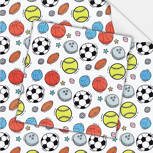 Sport Geschenkpapier, 4 Blatt Flach Gefaltet, 50 x 70 cm pro Blatt, Rugby, Basketball, Bowling, Baseball, Fußball, Volleyball, Geschenkpapier für Jungen, Männer, Frauen, Kinder, Geburtstagsfeier