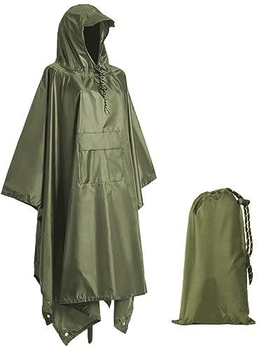 Accevo Regenjacke Regenponcho Grün, Regencape mit Kapuze 3 in 1 Multifunktional Atmungsaktiv Regenjacke Herren & Damen, Regenmantel Wasserdichter für Regenponcho festival, Camping, Wandern, Picknick.