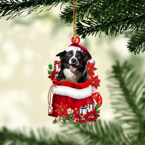 Talataca Border Collie 2D flache Weihnachtsdekoration, Border Collie in roter Weihnachtsmann-Geschenktüte, Tannenbaum-Dekor, hängendes Hausanhänger, Andenken, Auto-Rückspiegel-Zubehör,
