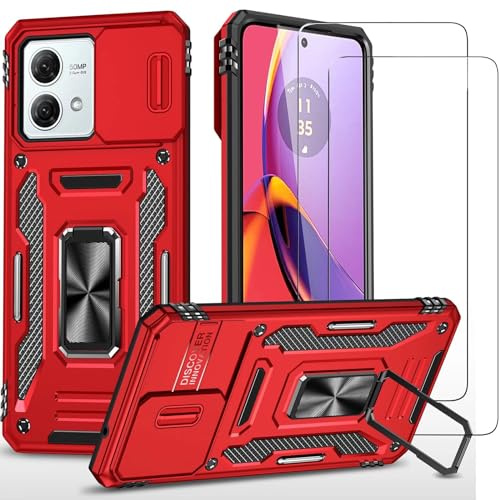 Jeelar ESONG Case for Motorola MOTO G84 5G,Military Grade Protection Phone Case with Slide Camera Cover/rotation Magnetic Ring Stand/2 Tempered Glass Screen Protectors,Shockproof Protective-Red
