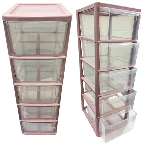 PINK 5 Drawers Plastic Storage Tower Tall Unit for School, Home, Office, Bedroom & Living Room With Clear Drawers (1)
