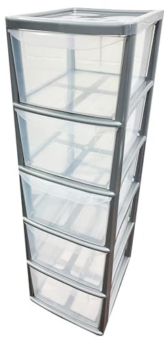 Tall Large Silver 5 Drawer Storage Tower Unit For Home Office & Schools Clear Spacious Drawers (1)