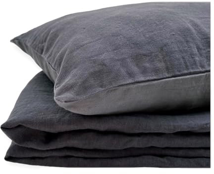 JOWOLLINA Natur Leinen Bettwäsche-Set Soft Washed Finish 180mg2 (Night Shadow, 135x200 cm, 40x80 cm)