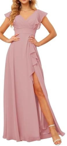 WSEYU Robe de demoiselle d'honneur à col en V pour invitées de mariage, manches volantées, mousseline de soie, robe de soirée, bal de fin d'année, robe longue midi, Rose poudré., 44