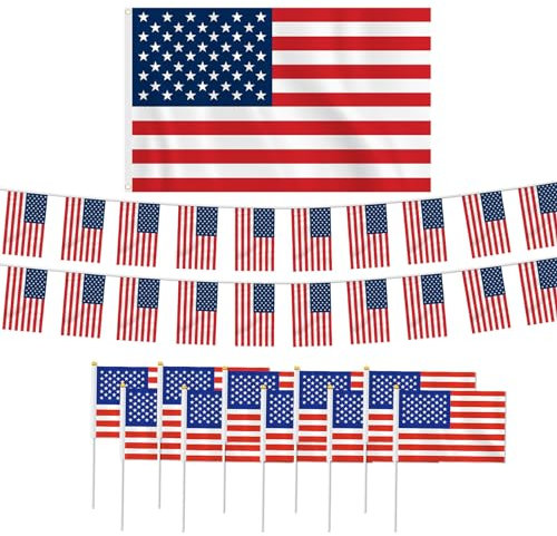 iwiio American Flags 3ft x 5 ft + 16ft American Flag Bunting+ 10 Handheld American Flags for American Party Decorations, USA Flag Sets for Memorial Day Independence Day Veterans Day 4th July Party Dec