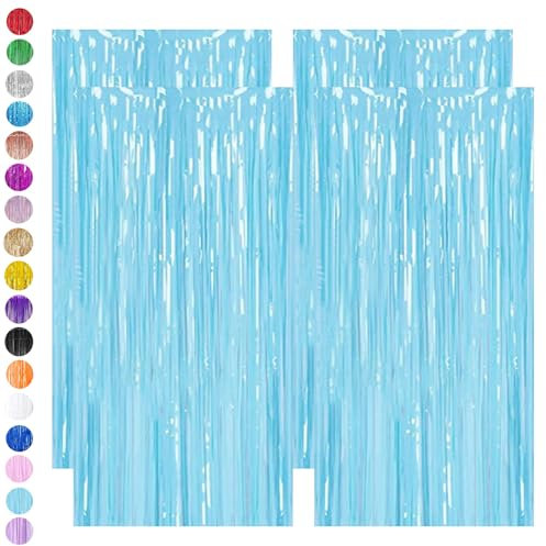 Light Blue Foil Fringe Tinsel Backdrop,4pcs 3.2 x 6.5ft Macaron Blue Foil Curtain Decor,Metallic Tinsel Foil Fringe Curtain for Mermaid Birthday Baby Shower Mama Mia Bachelorette Blue Frozen Party