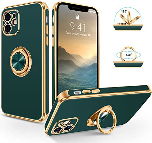 SouliGo iPhone 12 Hülle, iPhone 12 Handyhülle Slim weiche TPU Silikon Case Cover mit 360 Grad Ring Halter Ständer stabil Kratzfest Hülle für iPhone 12 6.1'' Grün Gold