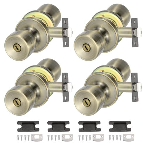 PATIKIL Privacy Keyless Door Knobs Interior, 4 Pack Round Zinc Alloy Bedroom Bathroom Door Knob with Lock Entry Indoor Outdoor Door, Bronze