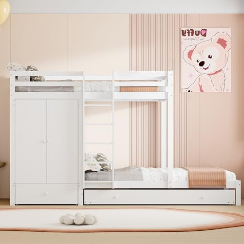 BNUZ Etagenbett aus Massivholz 90 * 200 mit Ausziehbett, multifunktionales Kinderbett mit Kleiderschrank, Schubladen und Ablagefach (weiß)