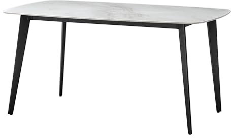 Casa Vital STONIKA Keramik Esstisch, 160 x 90 x 76 cm, Weiße Tischplatte, Marmormuster, abgerundete Ecken, Schwarzes Metallgestell, Esszimmermöbel, 150 kg belastbar