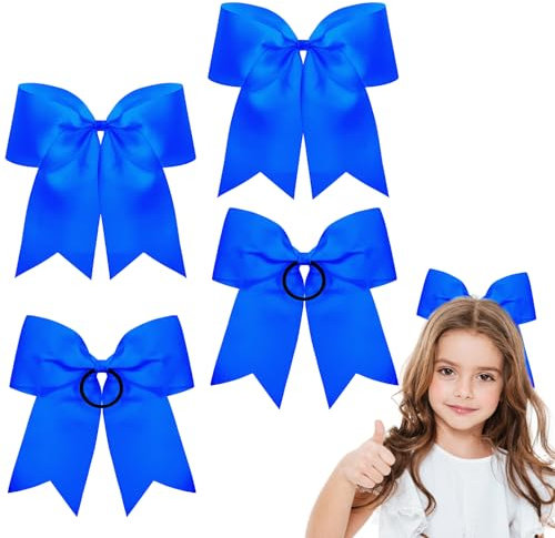 4 Stück Schleife, Große Schleife Haare, 8 Zoll Blau Schleifen für Cheerleader, Haarschleife Damen, Satin Haarschleife mit Pferdeschwanzhalter, Haargummi Schleife, Haar Accessoires für Damen, Mädchen