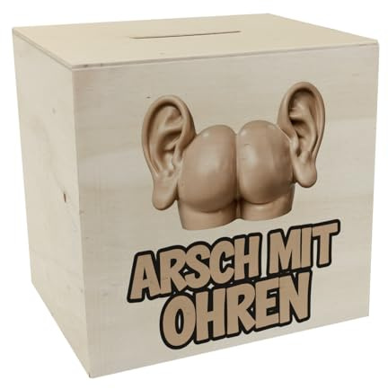 Arsch mit Ohren Spardose aus Holz Humorvolle Spardose aus Holz in beige-Farben menschliches Gesäß mit Ohren witzige Skulptur Illustration von Sparspaß