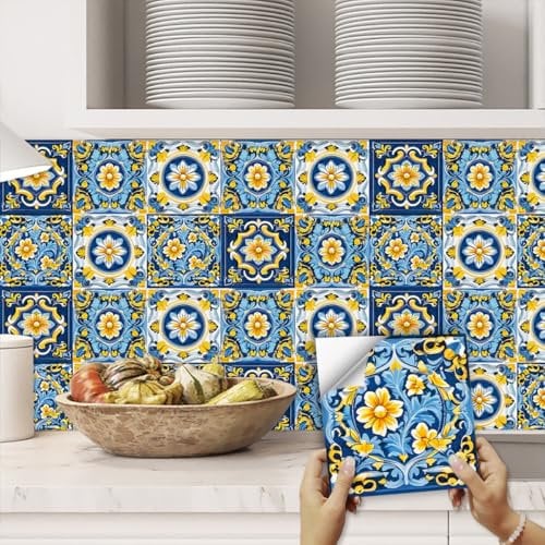 Fliesenaufkleber 20x20cm Gelb Blau Klebefliesen Küchenrückwand Folie Selbstklebende Fliesen Fliesenaufkleber Küche Badezimmer Fliesenfolie Vinyl Selbstklebend Wasserdicht