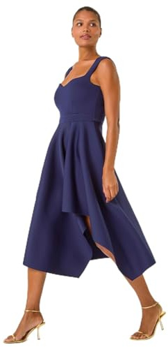 Roman Originals Asymmetric Flared Hem Midi Dress for Women UK - Ladies Everyday Autumn Winter Sweetheart Neckline Comfy Soft Evening Vacation Work Party Night Out - Navy - Size 12