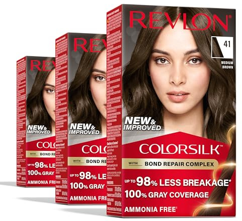 Revlon ColorSilk with Bond Repair Complex, Brown Permanent Hair Color, 100% Gray Coverage, Ammonia Free Hair Dye, Vegan Keratin, 41 Medium Brown (Pack of 3)