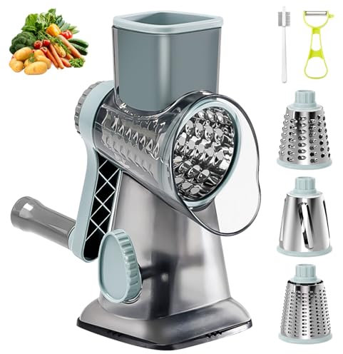 Râpe à Fromage Rotative, Râpe à Légumes Manuelle, Rapeuse Fromage Rotative avec 3 Lames de Tambour Détachables, Mandoline de Cuisine Manuelle Multifonction pour Fromage, Concombre, Carotte, Noix