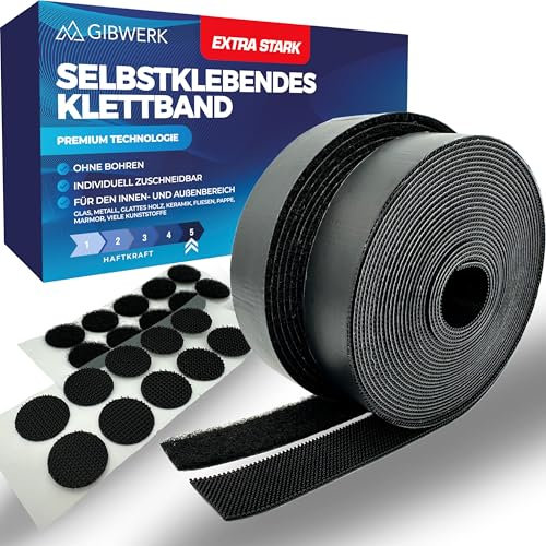 GIBWERK® Klettband selbstklebend | Extra Stark | 5 Meter x 20 mm + 10 Klettpunkte ⌀ 2cm | Klettverschluss selbstklebend | Doppelseitiges Klettband | Selbstklebender Klettverschluss | Schwarz