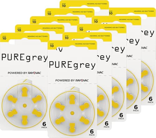 Purregrey - Batterie per apparecchi acustici, tipo 10-60 pezzi, progettate per massime prestazioni, confezione da 10 blister da 6 batterie per apparecchi acustici, codice colore giallo PR70, 1,45 Volt
