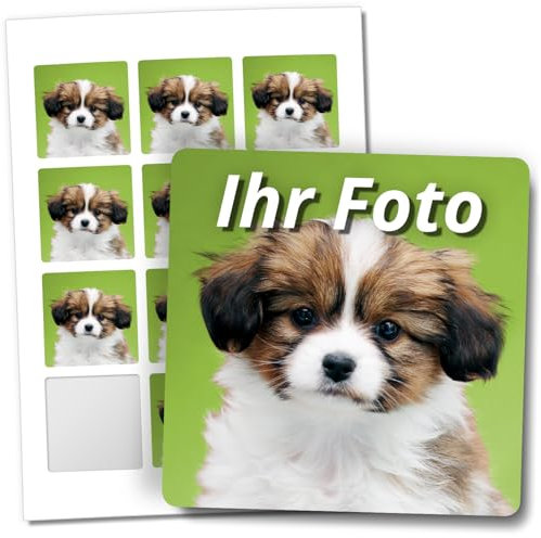 24 kleine Aufkleber mit eigenem Foto PERSONALISIERT quadratische Etiketten 5,6 cm individuelle Fotos Hochzeit Baby Freundschaftsbuch Freunde Geburtstag Schule Gastgeschenke Mitgebsel Logo