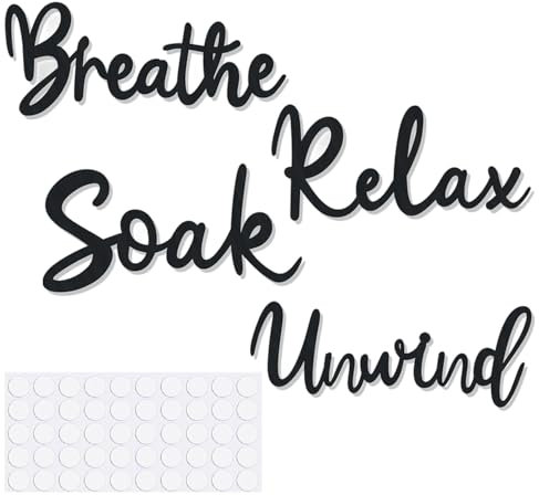 Bathroom Wall Art, Bathroom Quotes Wall Stickers, Breathe Relax Soak Unwind Wooden Sign with Glue, Black Wall Decor
