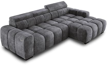 DomiMeble Ecksofa OMBO 285x168x77/97 cm, Rechte Seite Mit Schlaffunktion, Elektrisch Ausziehbarer Sitzfläche, Verstellbaren Kopfstützen, Dunklen Buchenholzfüßen, Hydrophobem Eden-Bezugstoff - Graphit