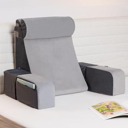 Vekkia 21 Lesekissen für Bett und Sofa, Lesekissen für Erwachsene | Rückenlehne, Armlehnen, Großen Taschen, Ideal zum Entspannen, Fernsehen, Stillen, zur Erholung und zum Spielen, Grau