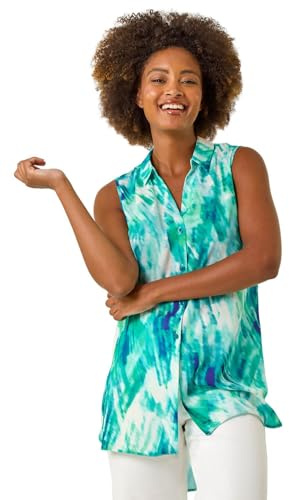 Roman Originals Sleeveless Shirt for Women UK Ladies Blouse Top Button Through Summer Smart Casual Work Cocktail Party Office Holiday Special Occassion Evening Going Out - Blue Abstract - Size 18