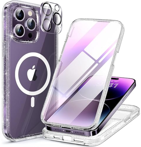 Miracase for iPhone 14 Pro Case,Full Body Bumper and Glass Screen Protector | Compatible with Magsafe,Tempered Glass Screen,Full-Body Rugged Protective Case with Lens Protector, 6.1,Clear Glitter