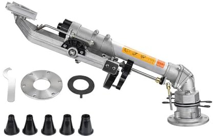 Aspersor de riego 3-8 pistola de pulverización de turbina con 5 boquillas, riego giratorio de 360°, rango de 35-63,9 m, ajuste de ángulo para granjas, silvicultura, huertos