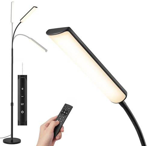 VASAGLE LED Floor Lamp for Living Room, Adjustable Height 141-175 cm, 15W Reading Lamp Floor Standing, 360° Rotating Head, Timer and Memory Function, Button and Remote Control, Matte Black LFL007BD03
