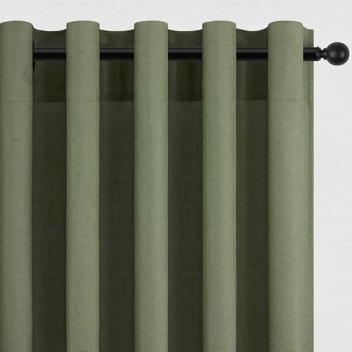 Topfinel Vorhänge Grün für Kinderzimmer Gardinen mit Ösen Kurz Fenster Vorhang Leinen Halbtransparent Ösenvorhang 2er Set 160x140 cm (HxB) Gardine Schlaufenschal für Vintage Wohnzimmer Schlafzimmer