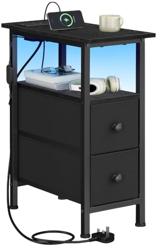 SONGMICS BELLAH Collection – Side End Table, Bedside Table with Charging Station, LED Lighting, 2 Drawers, for Living Room, Bedroom, Ink Black LGS002B103