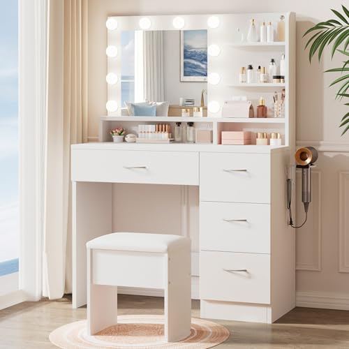 LIVELYGLOW White Makeup Vanity with HD Mirror & 10 LED Bulbs, 35.4 Dressing Table with Charging Station, 4 Drawers, Hairdryer Rack & Cushion Stool, Modern Bedroom Vanity Set