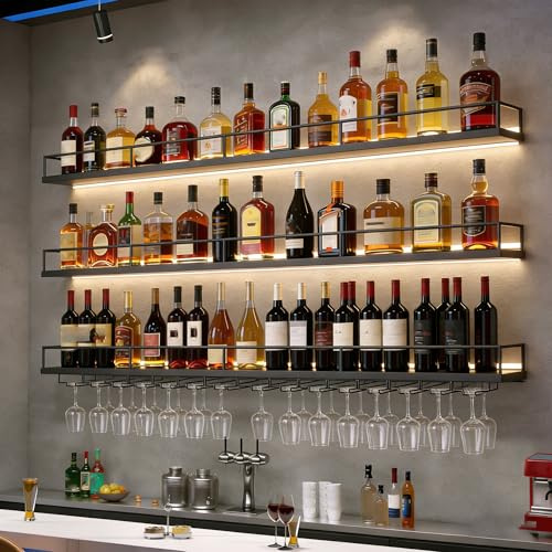 Dernoing Botellero de Pared Metálico Moderno, Estante para Vino de 3 Niveles con Soporte Integrado para Copas e Iluminación LED, Botellero de Vino para Vinoteca, Bar, Cocina y Comedor (Negro, 120cm)