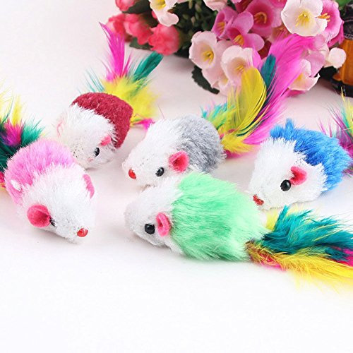 Gemini_mall® Pack of 10 Furry kitten Mice Cat Toys with Feathers and Artificial Fur (Mice)