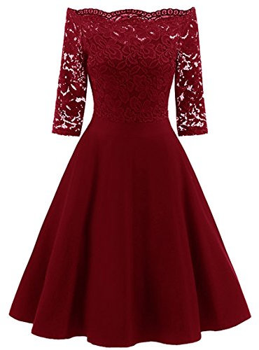 AnKoee Robe Femme soirée/Demoiselle d'honneur/Bal Dentelle/Robe Femme soirée Cocktail (Vin Rouge, M)