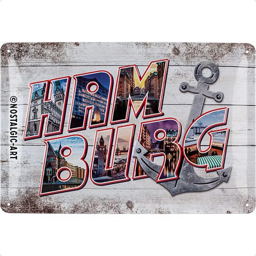 Nostalgic-Art Retro Blechschild, Hamburg – Bilder-Buchstaben & Anker – Souvenir & Geschenk-Idee, aus Metall, Vintage-Design zur Dekoration, 20 x 30 cm
