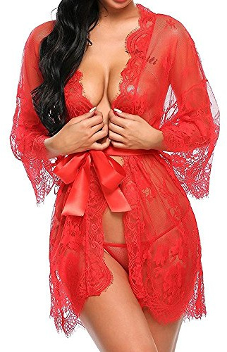 Tuopuda Negligee Damen Sexy Dessous Babydoll Nachtwäsche Kleid V-Ausschnitt Nachthemd Nachtkleid Kimono Morgenmantel Set Reizwäsche Kurz Robe mit G-String Gürtel, Rot, M
