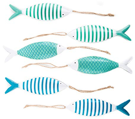 Deko-Fische zum Aufhängen, 6 Stück: Maritime Metallfische, Meeres-Dekoration Maritim, Badezimmer & Wohnzimmer, Meer, Strand, Sommer, Bad Dekoanhänger, Maritimdeko Geschenke, Baddeko, 15,5 x 4,5 cm