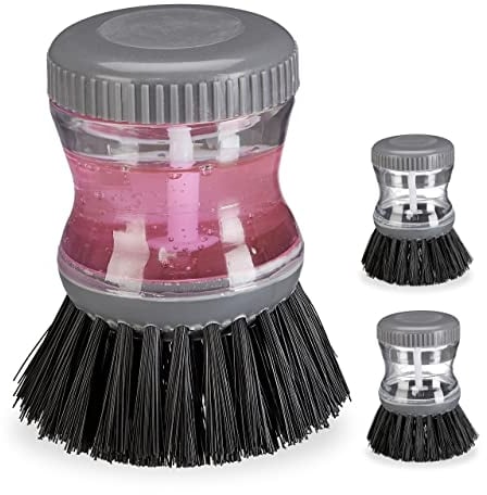 Relaxdays Spülbürste mit Spülmittelspender, 3er Set, 60 ml Tank zum Befüllen, rund, Geschirr reinigen, Spülhilfe, grau, 3