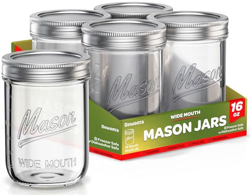 SEWANTA Wide Mouth Mason Jars 16 oz [5 Pack] With Mason Jar Lids and Bands, Mason Jars 16 oz - For Canning, Fermenting, Pickling - Jar Décor - Microwave/Dishwasher Safe.